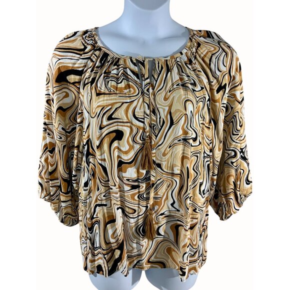 Ruby Rd 1X Abstract Swirl Print Blouse Keyhole Tailored Tie Front Quarter Sleeve - Picture 1 of 8